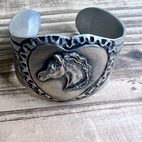 Horse Lady Gifts Heart Cuff Bracelet Pewter Adjustable Handmade USA - Picture 1 of 5